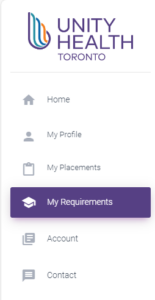 Unity Health Toronto student registration menu with purple highlight on 'My Requirements'.